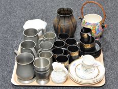A tray containing fourteen piece Portmeirion coffee set, pewter tankards,
