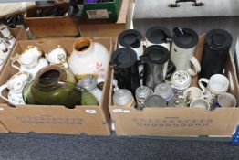 Two boxes containing china water jugs, continental vases,