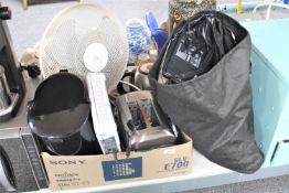 A box containing coffee maker, toaster, kettle, fan,