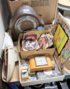 A tray containing wooden pond yacht, oak cased mantel clock, Victory stamp album, loose stamps,