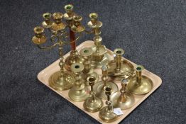 A tray of two brass three way table candelabra,