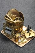 A tray of assorted brass ware including coal bucket, wall plaques, hand bell,