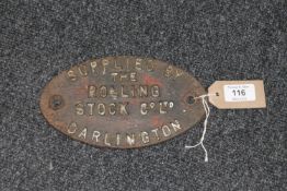 A cast iron railway plaque 'The Rolling Stock Company Ltd,