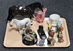 A tray containing a Royal Doulton grey horse, Maling lustre jug,