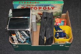 A box of assorted toys including die cast vehicles, MB Big Track electronic vehicle,