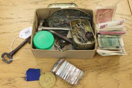 An interesting box of collectables including antique key, bank notes, coins, yellow metal chain etc.