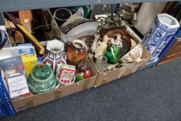 Two boxes containing Lurpak toast racks, continental figures, framed pictures, glass ware,