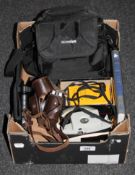 A box containing Mamiya camera bag with ZE camera and lens, Kodak camera,