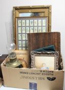 A box containing cutlery canteen, onyx chess pieces, Aladdin brass oil lamp with chimney,