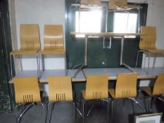 Four cafe tables on metal legs (three rectangular and one square),