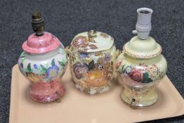 A Maling lustre table lamp : Yellow Rosalind pattern,