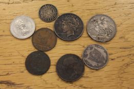 Eight coins to include - 1923 American dollar, George III Crown 1821 etc.