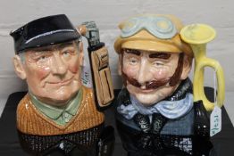 Two Royal Doulton character jugs : Golfer, D 6627, height 20 cm, and Veteran Motorist, D 6633,