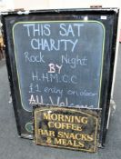 A metal folding two way pub chalk board together with a hand painted metal sign
