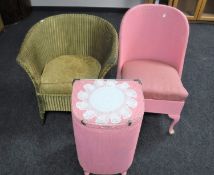 A three piece pink loom bedroom set comprising blanket box, bedroom chair and linen box,