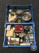 Two crates containing assorted costume jewellery, Victorian memorial brooch, chain stamped 9ct,