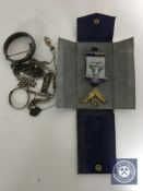 A cased sterling silver Masonic medal, box of silver jewellery including bracelet, necklace,