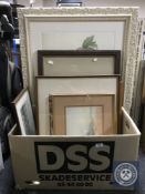 A box of assorted framed watercolours, rural studies, print Durham Cathedral,