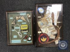A display case containing grain samples and ephemera and A display case containing poacher's items