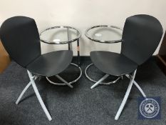 A pair of chrome glass topped lamp tables together with a pair of contemporary folding chairs