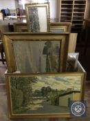 A box of continental school oils and prints