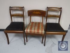 A Victorian inlaid mahogany dining chair together with a pair of chairs