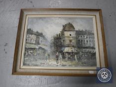 Continental school : figures in a street, oil on canvas, signed Lumb, framed.