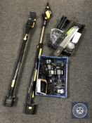 Two G-Tech 18 volt garden multi tools and two baskets of accessories