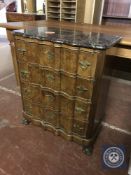A French walnut marble topped serpentine fronted four drawer chest CONDITION REPORT: