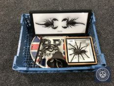 A basket of cast iron BP Motor Sport plaque, cast iron bell,