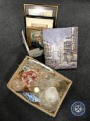 A box of glass ware, box of five pictures, signed David Shepherd print,
