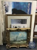 A decorative gilt framed print depicting boats off a shoreline, framed Grimshaw print,