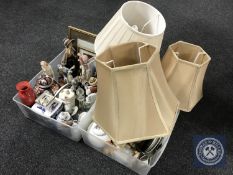 Two boxes of china, oriental wares, Ringtons vase, Murano glass clown, table lamps,