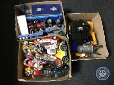 Three boxes of plastic vehicles - motor bikes, racing cars,
