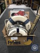 A box of NUFC team photo and signed picture, picture of St Mary's Island, Elvis wall canvases,