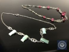 A silver and green hardstone fancy necklace,