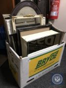 A box of continental framed mirrors and prints, vintage wash board, bathroom cabinet,