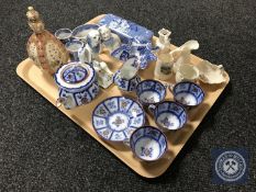 A tray of part Davenport tea service, blue and white wares, commemorative china etc.