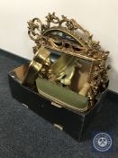 A box of gilt wall shelf, two gilt framed mirrors,