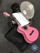 A box containing coffee maker, toaster, kettle, fan, together with a Humax freeview box,