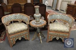 A highly ornate suite of four items of Syrian inlaid furniture to include : pair of chairs,