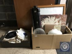 Two boxes of LP records, wall canvases, four snooker cues,