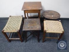 An oak stool together with another two stools and two tables.