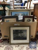A box of continental school oils and prints