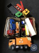 Two boxes of plastic vehicles - trucks, racing cars and three large scale Man vehicles, car loader,