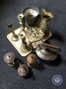 A tray of brass and copper including embossed jugs, trivet,