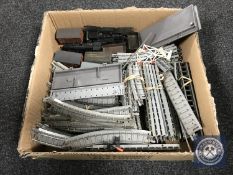 A box of Hornby rolling stock and track