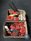 Two boxes of die cast vehicles - sports cars and a Bruder Manitou,