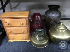 A pine three drawer miniature chest together with a Japanese vase,
