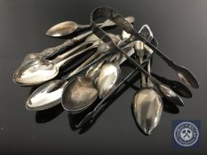 A group of Georgian and later silver teaspoons and other plated cutlery (Qty)